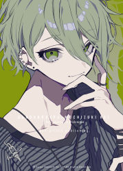 Rule 34 | 1boy, amami rantaro, blouse, bracelet, collarbone, copyright name, danganronpa (series), danganronpa v3: killing harmony, ear piercing, earrings, english text, green background, green eyes, green hair, hand up, highres, jewelry, looking at viewer, mochizuki kei, necklace, pale skin, piercing, shirt, short hair, simple background, solo, striped clothes, striped shirt