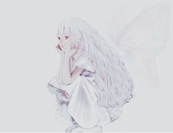 Rule 34 | 1girl, bad id, bad tumblr id, butterfly wings, dress, expressionless, grey background, head rest, insect wings, long hair, original, red eyes, shirone (coxo ii), short sleeves, simple background, solo, squatting, white background, white dress, white hair, wings