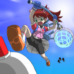 Rule 34 | 1girl, backpack, bag, bike shorts, butterfly net, day, flying, from below, gloves, green eyes, hair ribbon, hand net, heart, image sample, jacket, jumping, md5 mismatch, monkey, nollety, open mouth, pixiv sample, randoseru, red hair, resized, resolution mismatch, ribbon, saru getchu, sayaka (saru getchu), shoes, short twintails, shorts, shorts under skirt, skirt, sky, sneakers, socks, solo, source larger, spread legs, sun, turtleneck, twintails