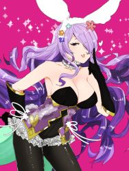 Rule 34 | 1girl, animal ears, bare shoulders, blush, breasts, camilla (fire emblem), camilla (spring) (fire emblem), cleavage, cleavage cutout, clothing cutout, fake animal ears, fire emblem, fire emblem fates, fire emblem heroes, gloves, hair over one eye, highres, large breasts, leotard, lips, long hair, looking at viewer, nintendo, pantyhose, playboy bunny, purple eyes, purple hair, rabbit ears, smile, solo, strapless, thighs, tube top, very long hair, wavy hair