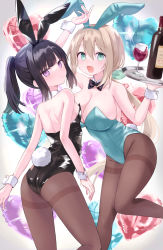 Rule 34 | 2girls, alcohol, animal ears, arm up, ass, balloon, bare shoulders, black bow, black bowtie, black hair, black hairband, black leotard, blue hairband, blue leotard, blush, bottle, bow, bowtie, breasts, brown hair, character request, chiune (yachi), cleavage, closed mouth, collar, collarbone, commentary request, cup, detached collar, drinking glass, fake animal ears, feet out of frame, green eyes, grey background, hair between eyes, hairband, hand up, heart balloon, highres, holding, holding tray, large breasts, leotard, long hair, low ponytail, multiple girls, pantyhose, playboy bunny, ponytail, purple eyes, rabbit ears, rabbit tail, small breasts, standing, standing on one leg, strapless, strapless leotard, tail, thighband pantyhose, tray, tsumugu otome to taishou no tsuki, v-shaped eyebrows, very long hair, white collar, wine, wine bottle, wine glass, wing collar