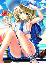 Rule 34 | 1girl, adapted costume, ankle ribbon, beach, beach towel, bikini, bikini skirt, blonde hair, blue capelet, blue eyes, blue sky, braid, breasts, capelet, colorado (kancolle), crop top, cup, day, drinking glass, drinking straw, gouda nagi, hat, holding, holding cup, kantai collection, large breasts, leg ribbon, midriff, ocean, ribbon, short hair, side braids, sideboob, sitting, sky, sleeveless, solo, sun hat, sweat, swimsuit, towel, white hat