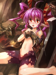 Rule 34 | 1girl, armor, bare shoulders, blush, covering privates, covering breasts, edobox, gauntlets, hair ribbon, helmet, huge weapon, midriff, navel, original, pauldrons, pink hair, pointy ears, red eyes, ribbon, shoulder armor, sitting, solo, sword, tears, torn clothes, twintails, weapon