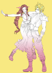 Rule 34 | 1boy, 1girl, aerith gainsborough, arm around neck, armor, baggy pants, bandaged arm, bandages, bangle, bare shoulders, belt, blonde hair, blush, boots, bracelet, braid, braided ponytail, breasts, brown hair, choker, cleavage, closed eyes, closed mouth, cloud strife, couple, dress, earrings, final fantasy, final fantasy vii, final fantasy vii rebirth, final fantasy vii remake, flower choker, full body, gloves, hair ribbon, hetero, jewelry, limited palette, long dress, long hair, looking at another, medium breasts, multiple belts, open mouth, outstretched arm, pants, parted bangs, pink ribbon, ribbon, short hair, shoulder armor, sidelocks, single bare shoulder, single braid, single earring, single shoulder pad, sleeveless, sleeveless dress, sleeveless turtleneck, smile, spiked hair, sug2727, suspenders, turtleneck, yellow background