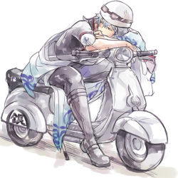 Rule 34 | 1boy, blue hair, boots, gintama, goggles, helmet, japanese clothes, ktsn, male focus, motor vehicle, motorcycle, motorcycle helmet, red eyes, sakata gintoki, scooter, solo, vehicle, vespa, white hair