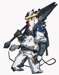 Rule 34 | absurdres, backpack, bag, cable, cable tail, chinese commentary, clothed robot, commentary request, cropped legs, green eyes, gundam, gundam barbatos, gundam tekketsu no orphans, high collar, highres, holding, holding weapon, jacket, mace, mecha, mechanical tail, mobile suit, no humans, over shoulder, pants, pipebomb (cracker68659106), robot, science fiction, simple background, solo, tail, v-fin, weapon, weapon over shoulder, white background, white jacket, white pants
