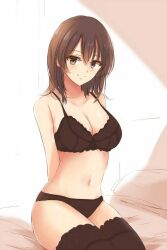 Rule 34 | 1girl, arms behind back, breasts, brown eyes, brown hair, cleavage, large breasts, light smile, lingerie, looking at viewer, non-web source, ponpon (ponpon62126), simple background, sitting, smile, solo, thighhighs, underwear, yahari ore no seishun lovecome wa machigatteiru., yukinoshita haruno