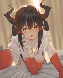 Rule 34 | 1girl, absurdres, ai-assisted, black hair, blush, breasts, collarbone, colored skin, dragon girl (mr-shin), hair between eyes, highres, horn ornament, horn ring, horns, indoors, long hair, looking at viewer, mr-shin, on bed, open mouth, original, pointy ears, reaching, reaching towards viewer, red eyes, red skin, shirt, sidelocks, small breasts, t-shirt, tearing up, very long hair, white shirt