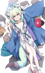 Rule 34 | 1girl, absurdres, animal ears, bandaid, bandaids on nipples, blue archive, blush, breasts, collarbone, crossed bangs, di le to, full body, green hair, highres, japanese clothes, kimono, light green hair, looking at viewer, lying, medium breasts, multicolored eyes, on back, pasties, purple eyes, sandals, shigure (blue archive), shigure (hot spring) (blue archive), short hair, signature, smile, solo, tail, weasel ears, weasel tail, wide sleeves, zouri