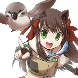 Rule 34 | 1girl, :d, animal ears, bird, bow, brown gloves, brown shirt, cat ears, commentary request, crop top, cropped jacket, elbow gloves, fingerless gloves, fish, gloves, green eyes, hair bow, hunter (ragnarok online), jacket, long hair, looking at viewer, natsuya (kuttuki), open mouth, ragnarok online, red bow, shirt, short sleeves, simple background, smile, solo, sparrow, upper body, v-shaped eyebrows, white background, white jacket, wristband