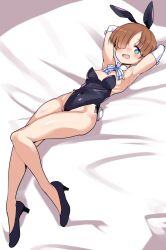 Rule 34 | 1girl, animal ears, armpits, bed, black leotard, blue eyes, blush, breasts, brown hair, buta-don, covered navel, fake animal ears, hair over one eye, highres, joanna elizabeth stafford, leotard, looking at viewer, luminous witches, on bed, open mouth, playboy bunny, rabbit ears, small breasts, world witches series