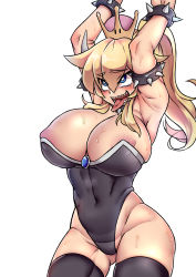 Rule 34 | 1girl, abs, absurdres, ahegao, areola slip, arm up, armlet, armpit peek, armpits, arms up, bare shoulders, black collar, black leotard, black thighhighs, blonde hair, blush, bowsette, bracelet, breasts, cleavage, collar, covered navel, cowboy shot, crown, curvy, dress, female focus, gender request, genderswap, hair between eyes, hand up, highres, horns, huge breasts, jewelry, large areolae, large breasts, leotard, long hair, mario (series), midriff, navel, new super mario bros. u deluxe, nintendo, open mouth, puffy nipples, sharp teeth, simple background, sleeveless, smile, solo, spiked armlet, spiked bracelet, spiked collar, spikes, standing, stomach, strapless, strapless dress, strapless leotard, super crown, super mario bros. 1, sweat, teeth, thighhighs, togin, tongue, tongue out, white background