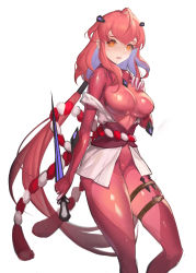 Rule 34 | 1girl, absurdres, ahoge, bodysuit, breasts, character request, commentary request, copyright request, dagger, feet out of frame, fengyin shici guozi, hair ornament, hand on own chest, highres, holding, holding dagger, holding knife, holding weapon, japanese clothes, kimono, knife, large breasts, long hair, looking at viewer, obi, off shoulder, open mouth, pink bodysuit, pink hair, rope, sash, shimenawa, short kimono, sidelocks, simple background, skin tight, sleeveless, sleeveless kimono, solo, thigh strap, very long hair, weapon, white background, yellow eyes