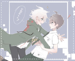 ! 2boys :d ahoge black_pants breast_pocket brown_hair danganronpa_(series) danganronpa_2:_goodbye_despair from_side green_jacket green_necktie green_pants grey_background grey_hair hair_between_eyes highres hinata_hajime jacket komaeda_nagito male_focus multiple_boys necktie open_clothes open_jacket open_mouth outline pants pocket profile shadow71580825 shirt short_hair short_sleeves smile speech_bubble translation_request white_outline white_shirt