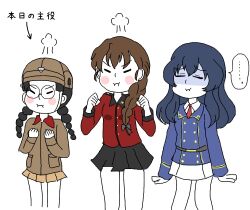 3girls angry aqclk belt black_hair black_ribbon black_skirt blue_hair blue_jacket braid brown_hair brown_jacket chi-hatan_military_uniform closed_eyes collared_shirt eclair_(girls_und_panzer) frilled_skirt frills fukuda_haru girls_und_panzer hair_ribbon head_steam helmet jacket long_hair maginot_military_uniform miniskirt multiple_girls necktie pencil_skirt red_jacket red_necktie ribbon rukuriri_(girls_und_panzer) shirt sick single_braid skirt st._gloriana&#039;s_military_uniform twin_braids white_shirt white_skirt yellow_skirt