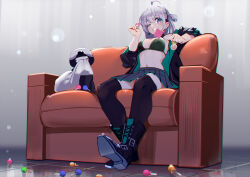 1girl ahoge animal bikini bikini_top_only black_footwear boots candy choker commentary commentary_request commission couch english_commentary food girls&#039;_frontline grey_eyes grey_hair grin holding holding_candy holding_food honey_badger honey_badger_(girls&#039;_frontline) jacket lollipop long_hair navel one_eye_closed pleated_skirt shoe_soles sitting skeb_commission skirt smile solo swimsuit thighhighs warashi