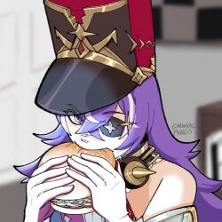 Rule 34 | 1girl, bare shoulders, blurry, blurry background, burger, chevreuse (genshin impact), commentary, detached collar, detached sleeves, earmuffs, earmuffs around neck, eating, eyepatch, food, genshin impact, gloves, grey hair, hands up, hat, holding, holding burger, holding food, indoors, jerma985, long hair, looking at viewer, meme, multicolored hair, paulie fishballs, pointy hair, purple eyes, purple hair, shako cap, solo, streaked hair, two-tone hair, upper body, very long hair, white gloves, white hair