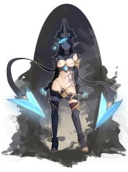 Rule 34 | 1girl, absurdres, black hair, blue eyes, blue hair, body markings, boots, breasts, breasts out, claws, clothes pull, detached sleeves, evelynn (league of legends), female focus, functionally nude, hair ornament, heart, high heels, highres, league of legends, light smile, multicolored hair, navel, nipples, one eye closed, pointy ears, pussy, shadow evelynn, shorts, shorts pull, shuuko (s h uuko), small breasts, solo, streaked hair, thigh boots, thighhighs, wink
