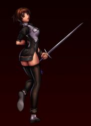 Rule 34 | 1girl, alternate costume, black thighhighs, brown eyes, brown hair, chai xianghua, dark, earrings, from behind, jewelry, jian (weapon), looking at viewer, looking back, micchii (mitchiee), miniskirt, mitchiee, namco, short hair, skirt, solo, soul calibur, soulcalibur, soulcalibur ii, standing, sword, tassel, thighhighs, weapon, zettai ryouiki