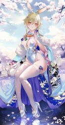 Rule 34 | 1girl, alternate costume, alternate eye color, animal, animal ear fluff, animal ears, animal print, artist name, black eyes, blonde hair, blue bow, blue bowtie, blue dress, blue flower, blue footwear, blue kimono, blue sky, blush, bow, bowtie, branch, breasts, carrot pin, cherry blossoms, closed eyes, cloud, cloud print, cloudy sky, collarbone, commentary request, crystal, day, detached collar, dress, duplicate, feather hair ornament, feathers, fingernails, floral print, flower, fur-trimmed hood, fur trim, gem, genshin impact, grey flower, grey fur, grey thighhighs, hair between eyes, hair flower, hair ornament, hand fan, hand up, high heels, highres, hood, japanese clothes, jewelry, kimono, lake, leotard, long fingernails, long sleeves, looking at viewer, lumine (genshin impact), medium breasts, moon print, necktie, no panties, open clothes, open dress, open mouth, orange eyes, outdoors, pearl (gemstone), petals, petting, pink flower, playboy bunny, pottsness, purple necktie, rabbit, rabbit ears, rabbit print, rabbit tail, reflection, shoes, short hair, short hair with long locks, sidelocks, sitting, sky, sparkle, tail, thighhighs, tree, water, wide sleeves