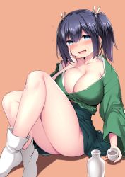 Rule 34 | 1girl, absurdres, alcohol, blue eyes, blue hair, blush, breasts, brown background, cleavage, collarbone, drunk, green hakama, green kimono, hair between eyes, hakama, highres, japanese clothes, kantai collection, kimono, kuromayu, large breasts, long sleeves, open mouth, sake, short hair, simple background, smile, solo, souryuu (kancolle), squeans, tokkuri, twintails, white legwear, wide sleeves