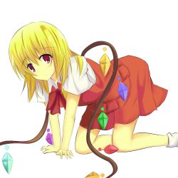 Rule 34 | 1girl, all fours, blonde hair, flandre scarlet, frown, highres, looking at viewer, red eyes, short hair, skirt, skirt set, solo, tareme, tokkyun, touhou, vest, white background, wings