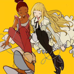 Rule 34 | 2girls, arm support, arms at sides, bare arms, bare shoulders, beige dress, black legwear, black neckwear, blonde hair, blunt bangs, boots, brown footwear, brown hair, carole &amp; tuesday, carole stanley, closed eyes, collarbone, collared dress, commentary, cross-laced footwear, crossed ankles, dark-skinned female, dark skin, digital media player, dress, earbuds, earphones, english commentary, facing viewer, flat chest, floating hair, flower, freckles, frilled sleeves, frills, full body, grey footwear, headphones, high ponytail, juliet sleeves, knees apart feet together, legs together, light smile, lolita fashion, long hair, long sleeves, multiple girls, music, no nose, open mouth, overalls, pantyhose, paper, ponytail, puffy sleeves, red flower, red rose, rose, shared earphones, shoe soles, side-by-side, simple background, singing, sitting, strapless, sukybaba, teeth, tuesday simmons, upper teeth only, very dark skin, yellow background
