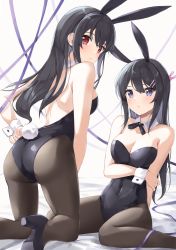 Rule 34 | 2girls, absurdres, adjusting clothes, animal ears, arm around waist, arm behind back, ass, back, backless leotard, bare shoulders, black footwear, black hair, black hairband, black leotard, blue eyes, blush, breasts, brown legwear, cleavage, closed mouth, collarbone, commentary request, commission, covered navel, crossover, fake animal ears, fake tail, hair ornament, hairband, hairclip, high heels, highres, kasumigaoka utaha, kneeling, leotard, long hair, looking at viewer, medium breasts, multiple girls, pantyhose, parted lips, pixiv commission, playboy bunny, rabbit ears, rabbit tail, red eyes, saenai heroine no sodatekata, sakurajima mai, seishun buta yarou, simple background, sitting, strapless, strapless leotard, tail, wariza, white background, wrist cuffs, yanagi marie