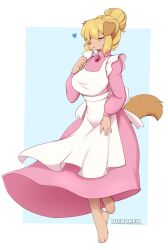 Rule 34 | 1girl, animal ears, animal feet, animal nose, apron, artist name, back bow, barefoot, blonde hair, blue background, body fur, border, bow, breasts, brooch, brown fur, clenched hand, closed eyes, closed mouth, dog ears, dog girl, dog tail, dress, feet, female focus, frilled apron, frills, furry, furry female, hair bun, hand up, happy, heart, highres, jewelry, long dress, long sleeves, maid, maid apron, marie hudson, medium breasts, meitantei holmes, outside border, pink dress, pink gemstone, short hair, sidelocks, simple background, single hair bun, smile, snout, solo, tail, teranen, twitter username, u u, watermark, white apron, white border, white bow