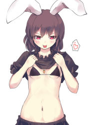 Rule 34 | 1girl, alternate color, animal ears, bikini, bikini top only, black bikini, breasts, brown hair, carrot, clothes lift, culter, extra ears, heart, inaba tewi, jewelry, lifting own clothes, looking at viewer, micro bikini, micro bikini top, navel, necklace, pendant, pink eyes, puffy short sleeves, puffy sleeves, rabbit ears, shirt, shirt lift, short sleeves, skirt, skirt lift, small breasts, smile, solo, spoken heart, swimsuit, tongue, tongue out, touhou, underboob