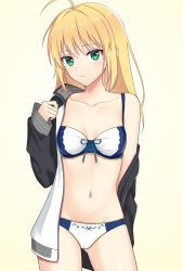 Rule 34 | 1girl, ahoge, alternate costume, artoria pendragon (all), artoria pendragon (fate), blonde hair, blue ribbon, bra, breasts, cleavage, closed mouth, collarbone, cowboy shot, fate/stay night, fate (series), gluteal fold, green eyes, groin, hair between eyes, highres, jacket, long hair, long sleeves, looking at viewer, navel, off shoulder, open clothes, open jacket, panties, print panties, ribbon, saber (fate), shino skk, simple background, small breasts, solo, standing, thigh gap, underwear, underwear only, white background