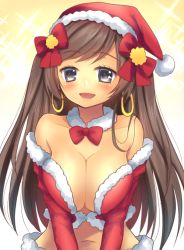 Rule 34 | 1girl, bare shoulders, blue eyes, blush, breasts, brown hair, choker, christmas, cleavage, earrings, fate/grand order, fate (series), hair ornament, hat, large breasts, long hair, mata hari (fate), midriff, navel, open mouth, ribbon, santa costume, smile, solo