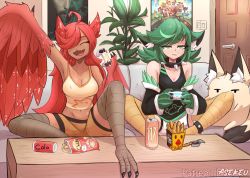 Rule 34 | 2girls, ahoge, animal ear fluff, animal ears, artist name, asekeu, bare shoulders, bird legs, black tank top, blush, breasts, burger king, can, chicken (food), chips (food), choker, cleavage, closed eyes, commentary, controller, couch, dark-skinned female, dark skin, drink can, english commentary, feathers, food, green eyes, green feathers, green wings, hair over one eye, harpy, highres, holding, holding controller, jimmy neutron (series), long hair, marvel, medium breasts, midriff, monster energy, monster girl, morbius (film), movie poster, multiple girls, navel, open mouth, original, plant, red feathers, red wings, shorts, sitting, soda can, spiked anklet, spiked choker, spikes, stuffed toy, table, talons, tank top, very long hair, white shorts, winged arms, wings, yellow shorts, yellow tank top