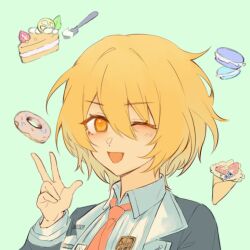 Rule 34 | 1girl, badge, black coat, blonde hair, blue background, blush, cake, coat, collared shirt, crepe, don quixote (project moon), doughnut, food, fork, fruit, lemon, limbus company, liyln02617464, long sleeves, looking at viewer, macaron, necktie, one eye closed, open mouth, portrait, project moon, red necktie, shirt, short hair, simple background, smile, solo, strawberry, white shirt, yellow eyes