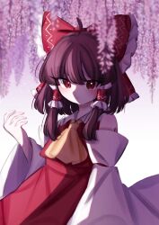 Rule 34 | 1girl, absurdres, bow, brown hair, cherry blossoms, detached sleeves, dress, flower, frilled bow, frilled hair tubes, frills, hair tubes, hakurei reimu, highres, necktie, red bow, red dress, red eyes, solo, tohou89, touhou, wisteria, yellow necktie