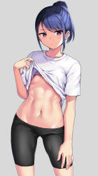 Rule 34 | 1girl, abs, bike shorts, blue hair, breasts, clothes lift, collarbone, grey background, hashi, lifting own clothes, looking at viewer, midriff, navel, no bra, original, ponytail, purple eyes, shirt, shirt lift, short hair, short sleeves, simple background, small breasts, solo, standing, white shirt