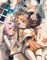 Rule 34 | 3girls, :d, animal ears, arknights, arms up, bare shoulders, beruko14, bikini, black bow, blush, bow, braid, breasts, brown eyes, brown hair, cat ears, cat girl, cat tail, cleavage, collar, day, feather hair, goldenglow (arknights), grey jacket, hair bow, hair over shoulder, hairband, highres, holding, jacket, large breasts, long hair, long sleeves, lying, makeup brush, mole, mole under eye, multiple girls, navel, official alternate costume, on back, on ground, open clothes, open jacket, open mouth, orange bikini, outdoors, parted bangs, parted lips, pinecone (arknights), pink hair, roberta (arknights), roberta (summer flowers) (arknights), seashell, shell, short hair, side braid, single braid, smile, starfish, swimsuit, tail, thigh gap, twitter username, very long hair, white bikini, white bow, white hairband, yellow eyes