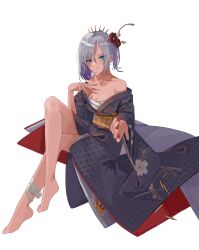Rule 34 | 1girl, absurdres, aqua eyes, arm up, bandaged leg, bandages, bare legs, bare shoulders, barefoot, breasts, chest sarashi, cleavage, collarbone, commission, crossed legs, feet, flower, full body, girls&#039; frontline, grey hair, hair flower, hair ornament, highres, japanese clothes, kimono, legs, looking at viewer, medium breasts, mg5 (dark blossom of the end) (girls&#039; frontline), mg5 (girls&#039; frontline), midriff sarashi, nail polish, official alternate costume, open mouth, parted lips, pixiv commission, reaching, reaching towards viewer, red nails, sarashi, short hair, sitting, slit pupils, solo, teizen (niwamaee), toes, white background