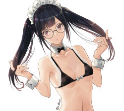 Rule 34 | 1girl, artist name, bare arms, bare shoulders, bikini, black-framed eyewear, black bikini, black bow, black bowtie, black hair, bow, bowtie, breasts, brown eyes, character request, collarbone, commentary request, copyright request, glasses, hands up, lace, lace-trimmed bikini, lace trim, long hair, looking at viewer, maid headdress, nabeshima tetsuhiro, navel, round eyewear, sidelocks, simple background, small breasts, solo, stomach, swimsuit, twintails, twintails day, twitter username, upper body, white background, white bow, wrist cuffs