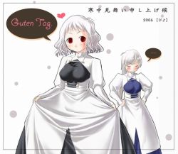 Rule 34 | ..., 00s, 2girls, blush, breasts, closed eyes, curtsey, dress, fate/stay night, fate (series), framed breasts, frown, german text, hands on own hips, heart, large breasts, leysritt (fate), long dress, long skirt, long sleeves, looking at viewer, maid, mozu (piyo), multiple girls, no headwear, red eyes, sella (fate), short hair, silver hair, simple background, skin tight, skirt, sleeves past wrists, speech bubble, spoken ellipsis, white background