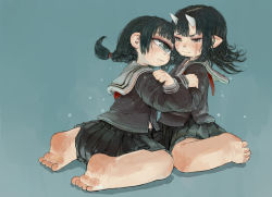 Rule 34 | 2girls, barefoot, black eyes, black hair, black skirt, blue background, braid, brown shirt, closed mouth, commentary request, crying, crying with eyes open, cyclops, ebimomo, grey sailor collar, horns, hug, long hair, multiple girls, neckerchief, one-eyed, oni, original, pleated skirt, pointy ears, red neckerchief, sailor collar, school uniform, serafuku, shirt, simple background, sitting, skirt, tears, uniform, wariza
