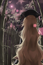 Rule 34 | 1girl, absurdres, bamboo, bamboo forest, black dress, black hat, blonde hair, cloud, dress, forest, from behind, full moon, hat, highres, junko (touhou), long hair, looking up, moon, nature, night, night sky, otomeza ryuseigun, outdoors, red moon, sky, solo, tassel, touhou, very long hair