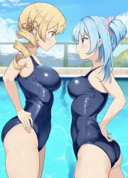 Rule 34 | 2girls, ass, blonde hair, blue eyes, blue hair, blue sky, breast envy, breasts, caustics, cloud, cloudy sky, day, drill hair, eye contact, face-to-face, from side, hair ornament, hair scrunchie, hairpin, hand on own hip, hands on own hips, highres, horizon, large breasts, long hair, looking at another, magia record: mahou shoujo madoka magica gaiden, mahou shoujo madoka magica, medium breasts, medium hair, minami rena, multiple girls, nagare (flow), one-piece swimsuit, outdoors, pink scrunchie, pool, pool ladder, poolside, profile, school swimsuit, scrunchie, serious, short twintails, sky, smile, swimsuit, thighs, tomoe mami, twin drills, twintails, water, yellow eyes
