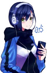 Rule 34 | 10s, 1girl, absurdres, blue hair, casual, cellphone, closed mouth, commentary request, darling in the franxx, green eyes, hair between eyes, hair ornament, hairclip, headphones, highres, holding, holding phone, hood, hood down, hoodie, ichigo (darling in the franxx), looking at viewer, phone, short hair, smartphone, smile, solo, yoshi2 oide