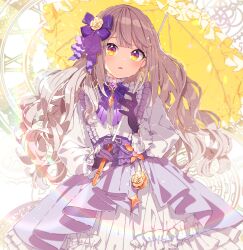 Rule 34 | 1girl, bow, brown hair, clock, commentary request, commission, copyright request, flower, frilled umbrella, frills, hair bow, highres, holding, holding umbrella, long hair, long sleeves, looking at viewer, mamyouda, parted lips, pleated skirt, puffy long sleeves, puffy sleeves, purple bow, purple eyes, purple skirt, roman numeral, shirt, skeb commission, skirt, solo, umbrella, very long hair, virtual youtuber, wavy hair, white shirt, white skirt, yellow flower, yellow umbrella