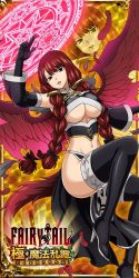 Rule 34 | 1girl, breasts, detached sleeves, fairy tail, high heels, irene belserion, large breasts, long hair, looking at viewer, mature female, navel, official art, pelvic curtain, quad braids, red eyes, red hair, revealing clothes, thighhighs, underboob, wings