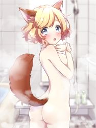 Rule 34 | 1girl, :o, animal ears, ass, bathroom, bathtub, blonde hair, blue eyes, blurry, blush, bottle, breasts, commentary request, depth of field, fox ears, fox tail, from behind, looking at viewer, looking back, medium breasts, nude, open mouth, original, sakamo2424, short hair, shower head, solo, standing, steam, swept bangs, tail, tile floor, tile wall, tiles, water