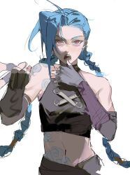 1girl arcane:_league_of_legends arcane_jinx arm_tattoo blue_hair braid cowboy_shot crop_top fingerless_gloves gloves jinx_(league_of_legends) league_of_legends long_hair looking_at_viewer navel open_mouth purple_eyes sketch solo stomach_tattoo tattoo teeth twin_braids westttt120