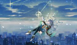 Rule 34 | 1girl, absurdres, arm up, black hairband, black jacket, blue eyes, blue skirt, blush, city, closed mouth, collared shirt, cropped jacket, firefly (honkai: star rail), floating, floating hair, full body, green thighhighs, grey hair, hair intakes, hairband, heart, high heels, highres, honkai: star rail, honkai (series), jacket, long hair, long sleeves, miniskirt, neckerchief, night, night sky, orange neckerchief, outdoors, outstretched arm, pink eyes, pleated skirt, revision, sakuradani, shirt, shooting star, sidelocks, signature, skirt, sky, smile, solo, star (sky), starry sky, thighhighs, two-tone eyes, white footwear, white shirt