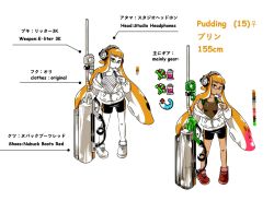 Rule 34 | 1girl, artist name, bike shorts, bilingual, black shorts, blunt bangs, character name, character sheet, dark skin, e-liter 3k (splatoon), english text, female focus, food, full body, hard-translated, headphones, highres, holding, holding weapon, hood, hoodie, inkling, inkling girl, inkling player character, jacket, long hair, mixed-language text, mouth hold, multiple views, nintendo, off shoulder, orange eyes, orange hair, partially colored, pudding, pudding (zoza), red footwear, shoes, shorts, signature, simple background, single vertical stripe, singlet, splatoon (series), splatoon 1, standing, tank top, tentacle hair, third-party edit, very long hair, weapon, white jacket, zoza